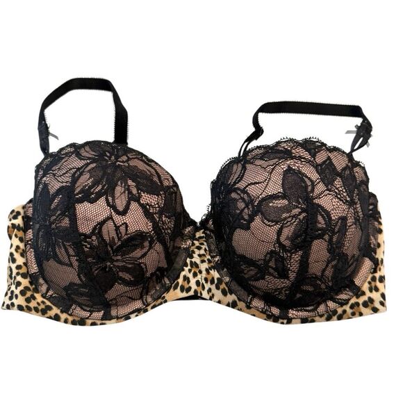 Victoria's Secret Lace Leopard Wired Push Up Balconette Bra Black Tan Size 34D - Picture 1 of 4